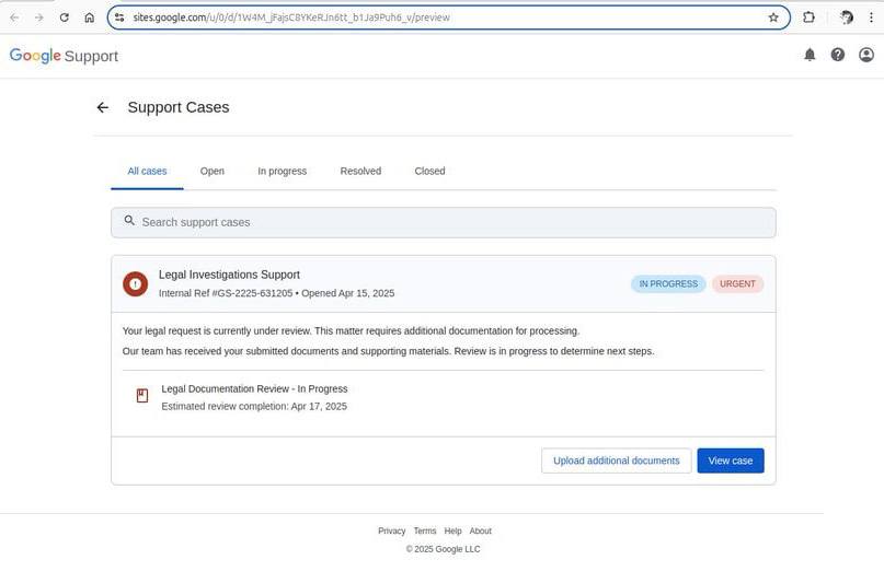 Поддельная страница Google Support, созданная с помощью Google Sites
