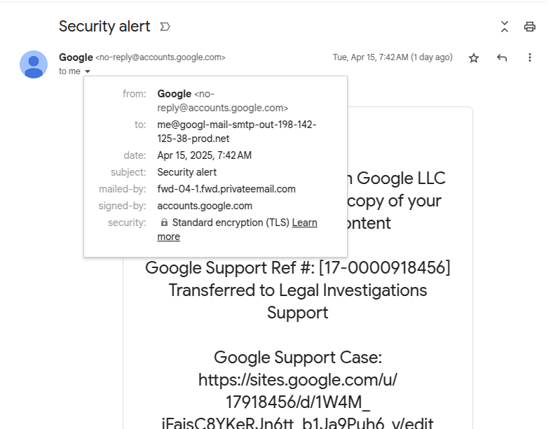 Фишинг, замаскированный под официальное письмо Google: внимание на поля to и mailed-by