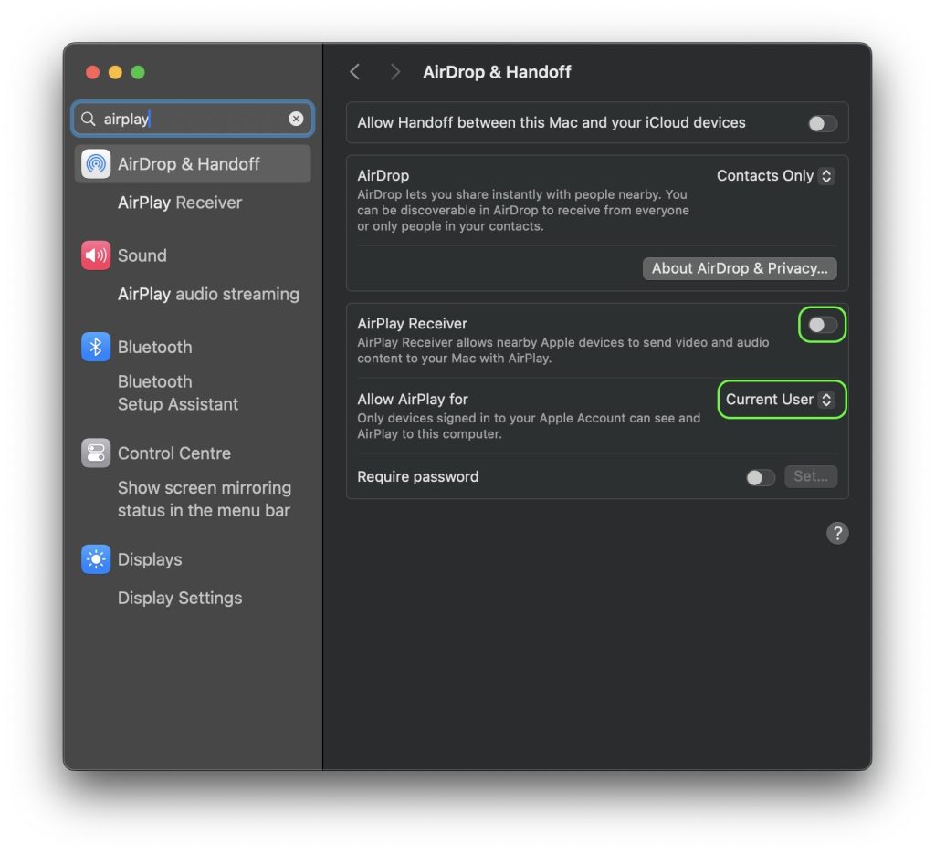 Настройки AirPlay в macOS для защиты от атак через AirBorne 