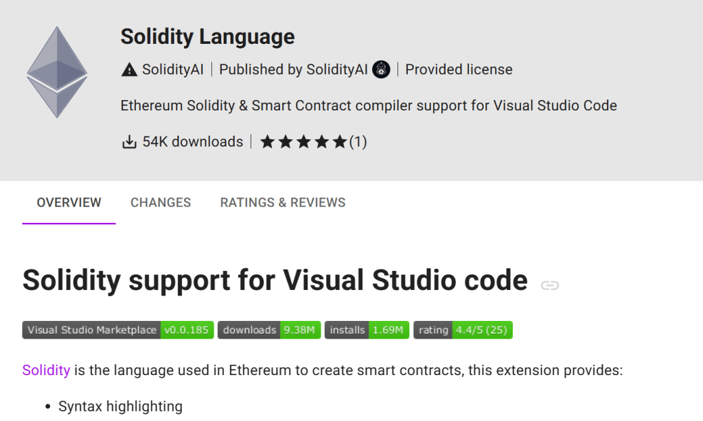 Расширение Solidity Language в магазине Open VSX 