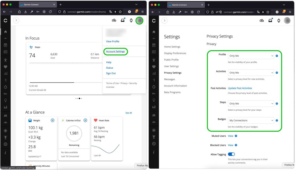 Как найти настройки приватности в веб-версии Garmin Connect