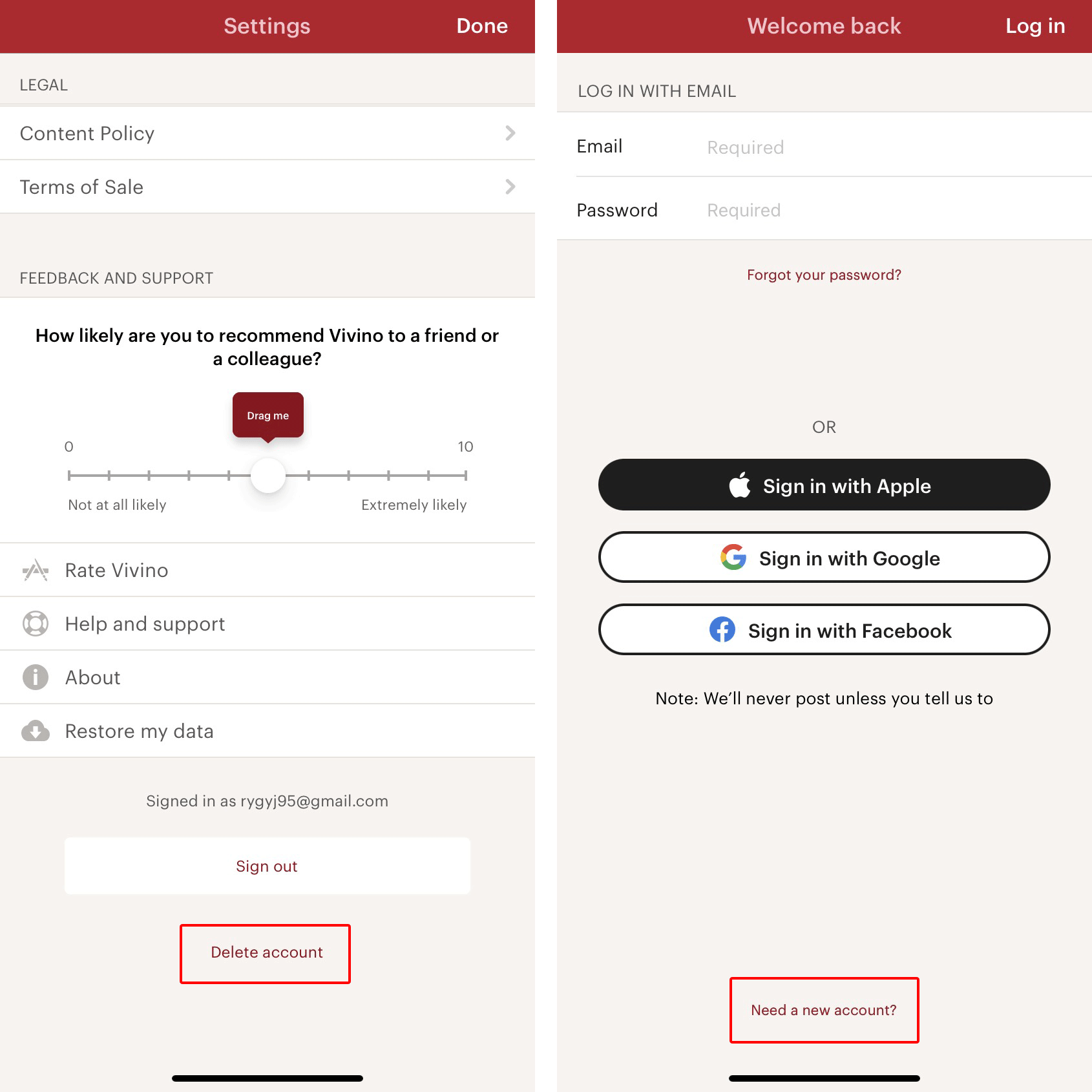 Deleting a Vivino account and creating a new one