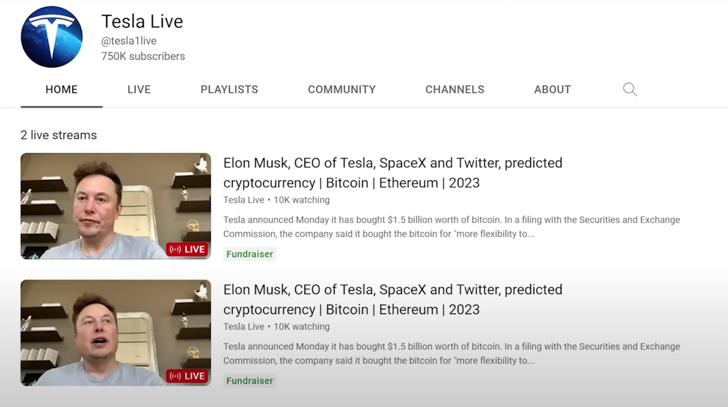 Streams with Elon Musk on a hacked channel.