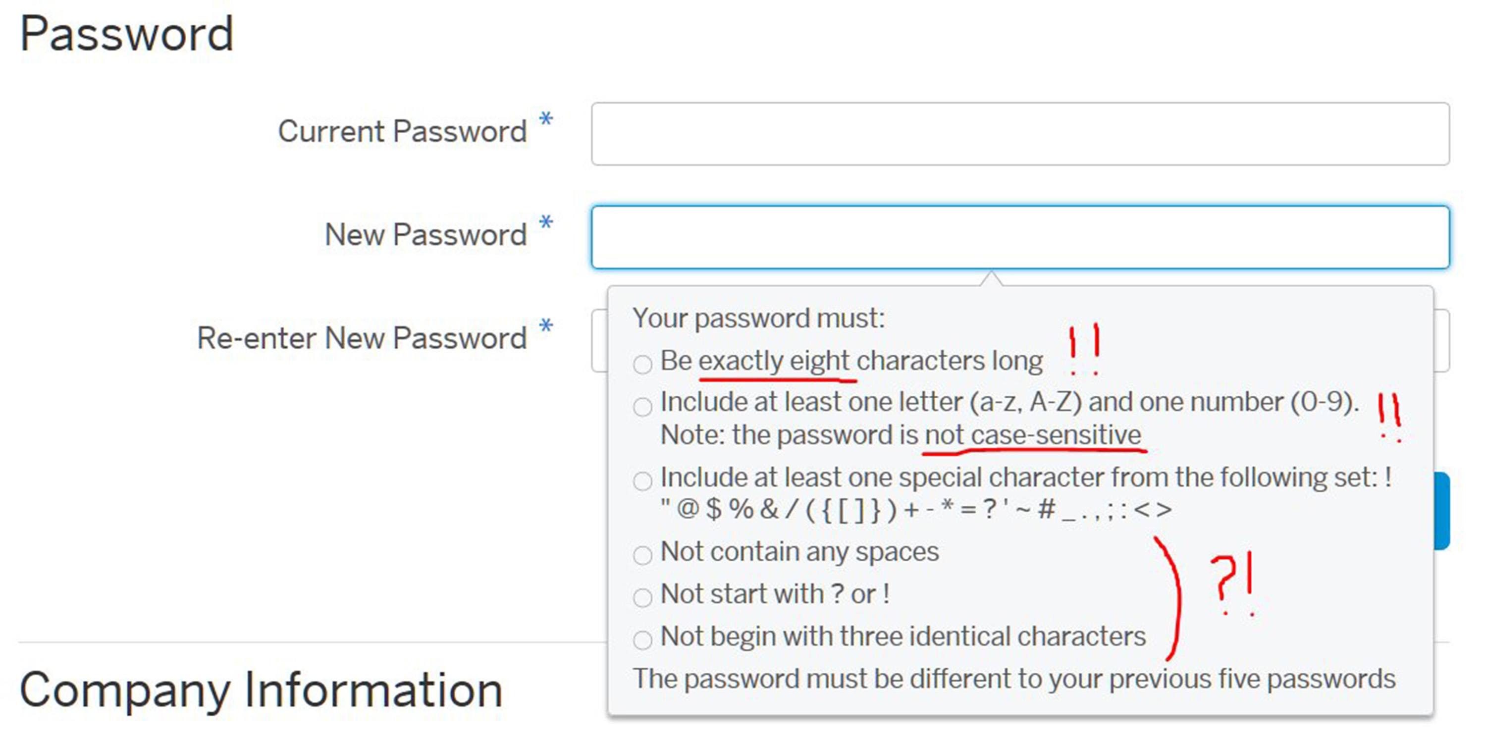 Bad password policy: too many restrictions 