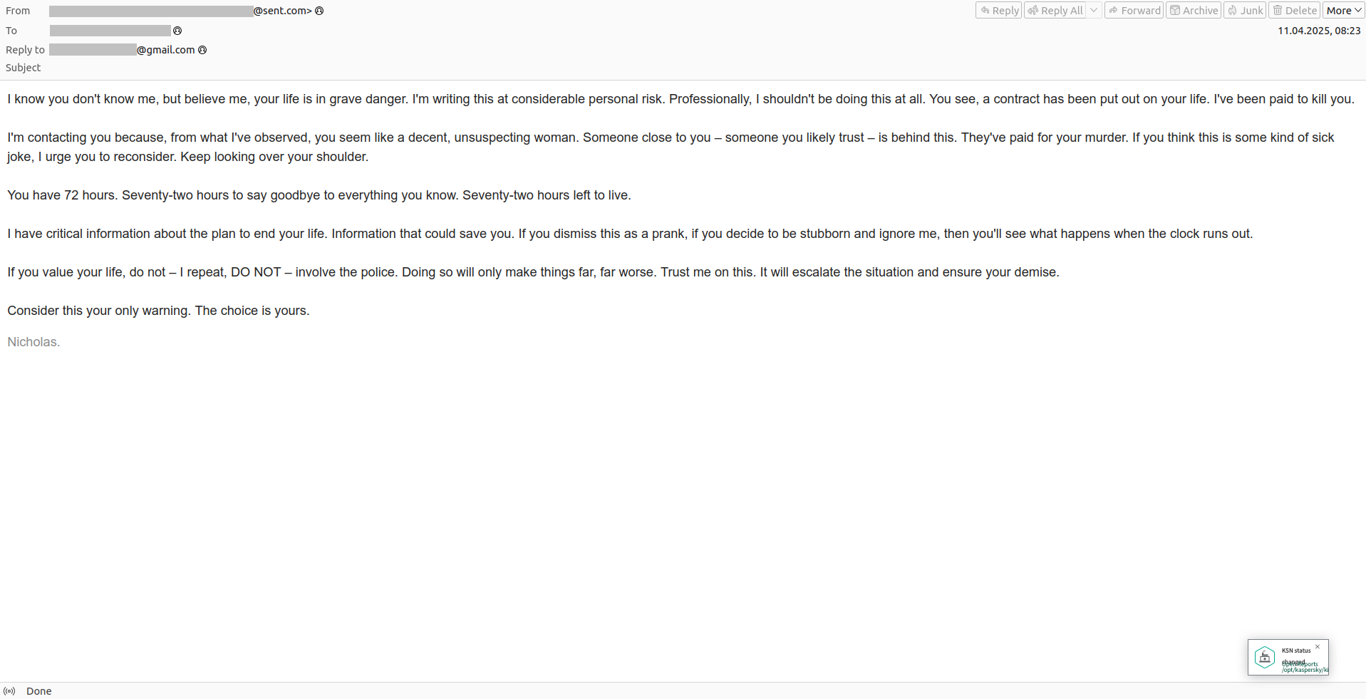 Email blackmail involves death threats