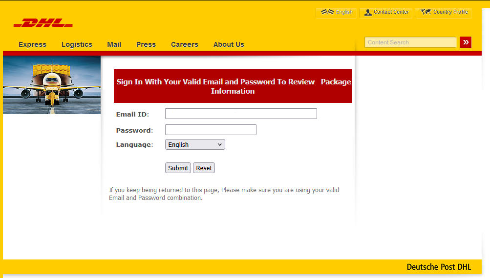 A fake DHL website. The user is asked to enter the login and password for their real DHL account