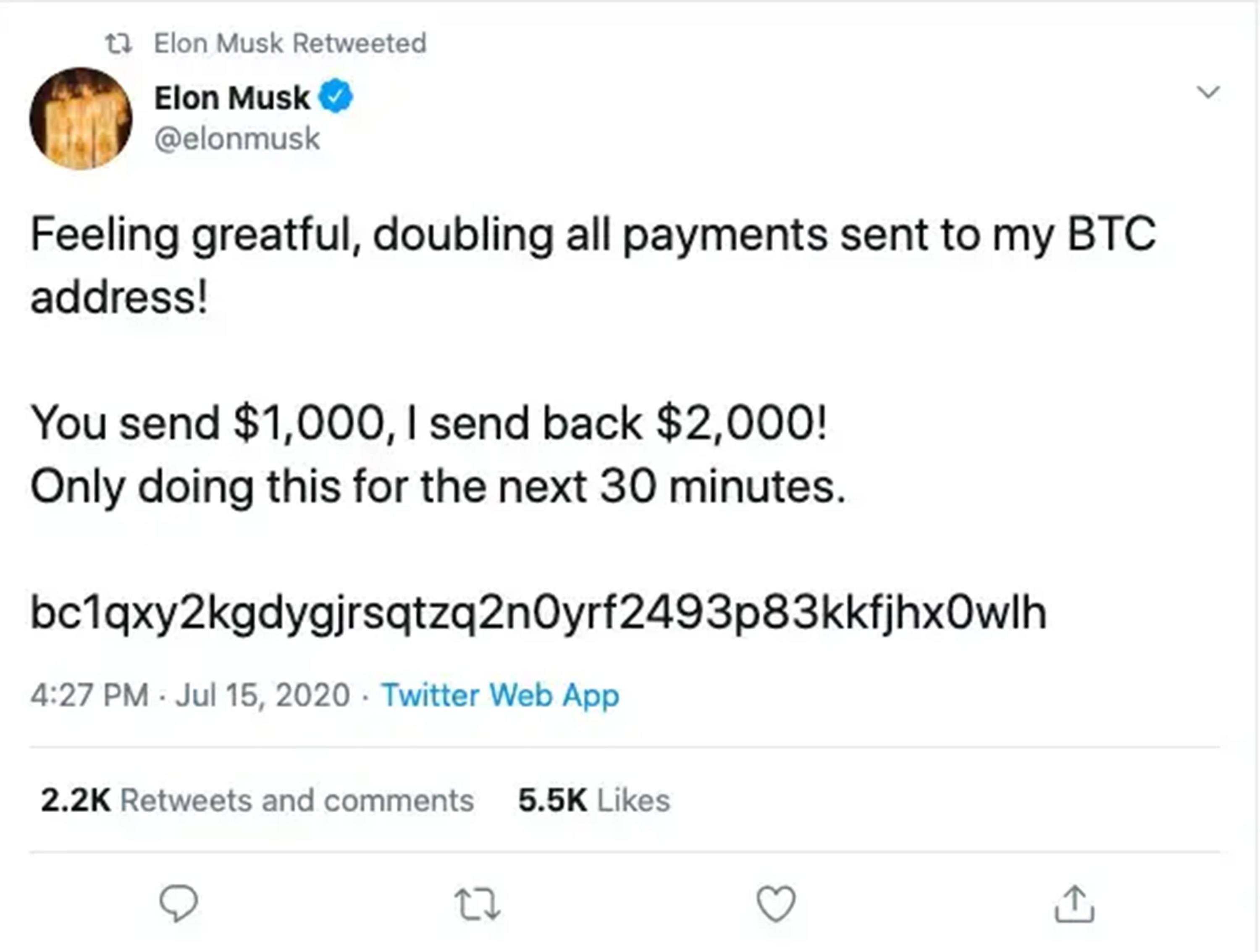 Tweet from the hacked account of Elon Musk