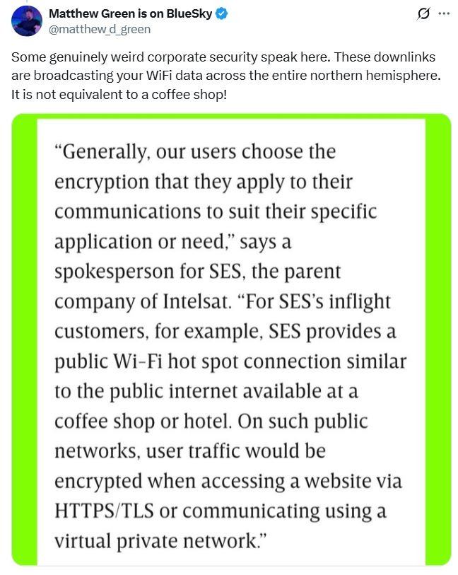 The SES spokesperson's response to Wired, along with a comment by Matthew Green, an associate professor of computer science at Johns Hopkins University in Baltimore