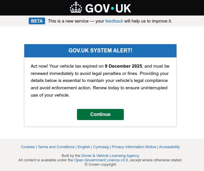 A fake demand for British motorists to pay overdue vehicle tax