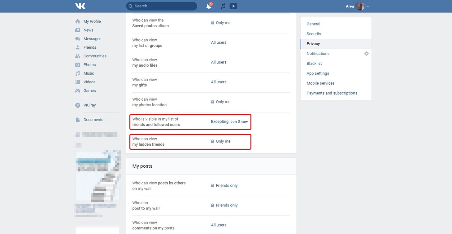 VK settings: Who can view my friends