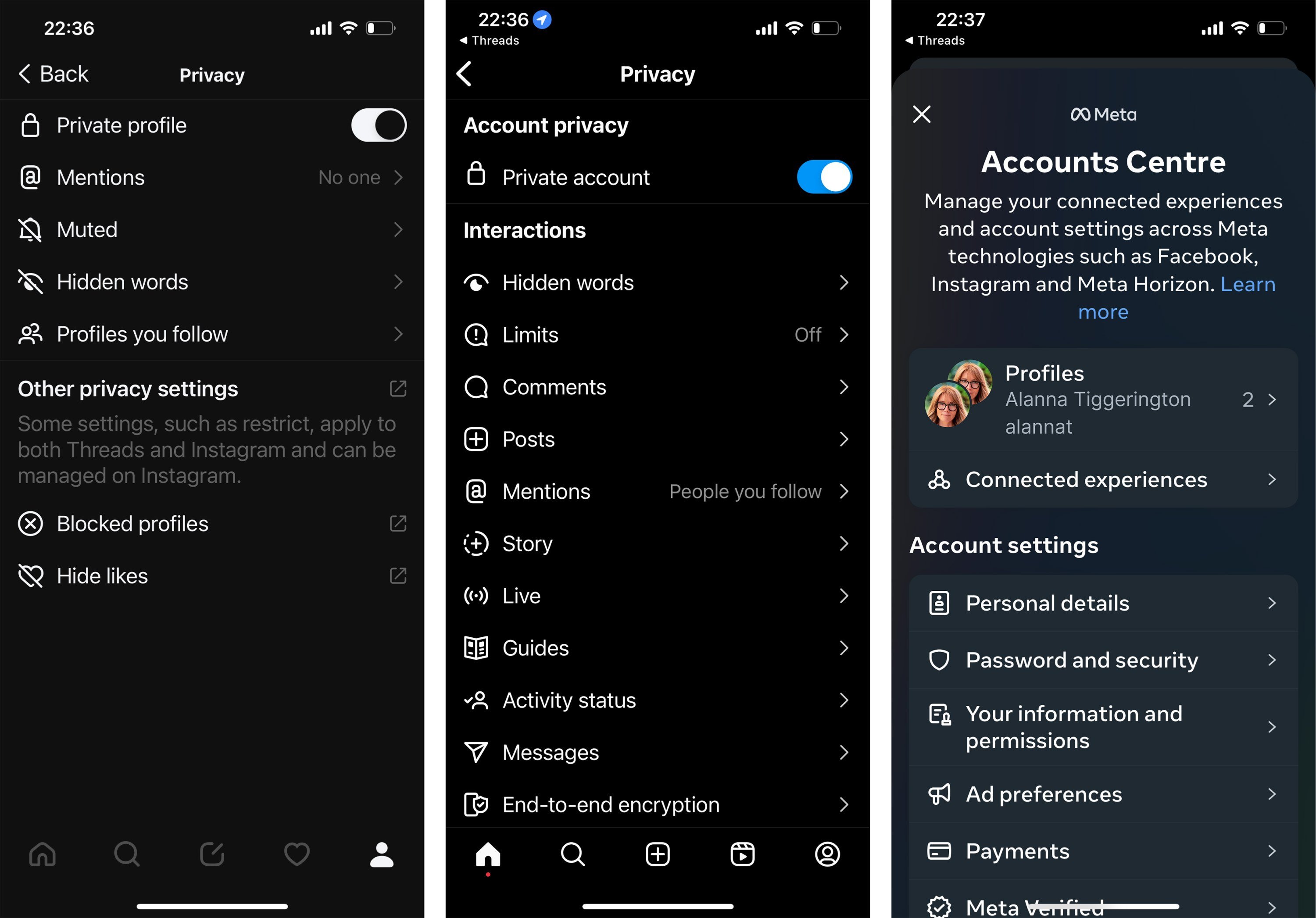 Threads settings in the Threads app, Instagram app, and Meta Account Center