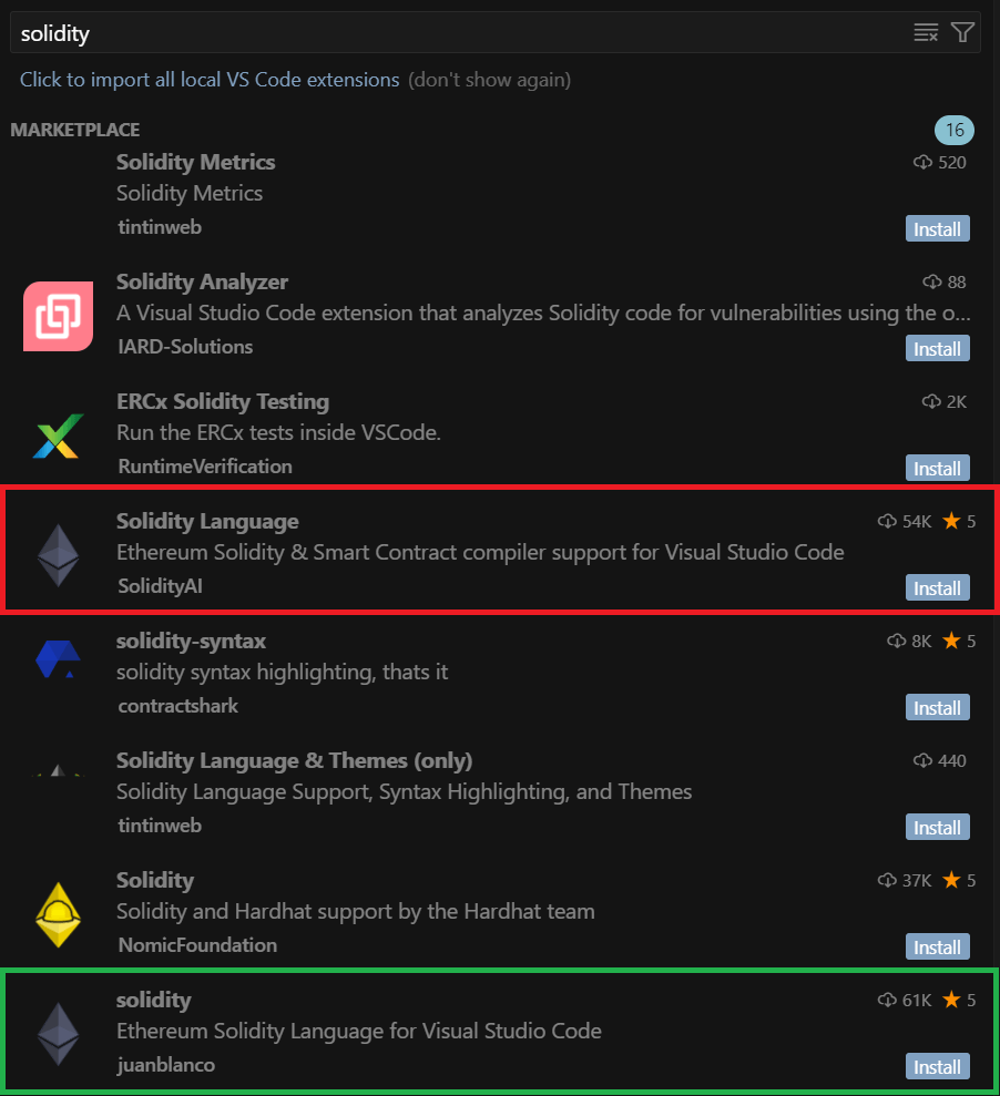 When searching Open VSX for "solidity", the imposter extension appeared higher than the legitimate one