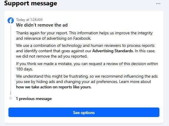 The boilerplate message from Facebook