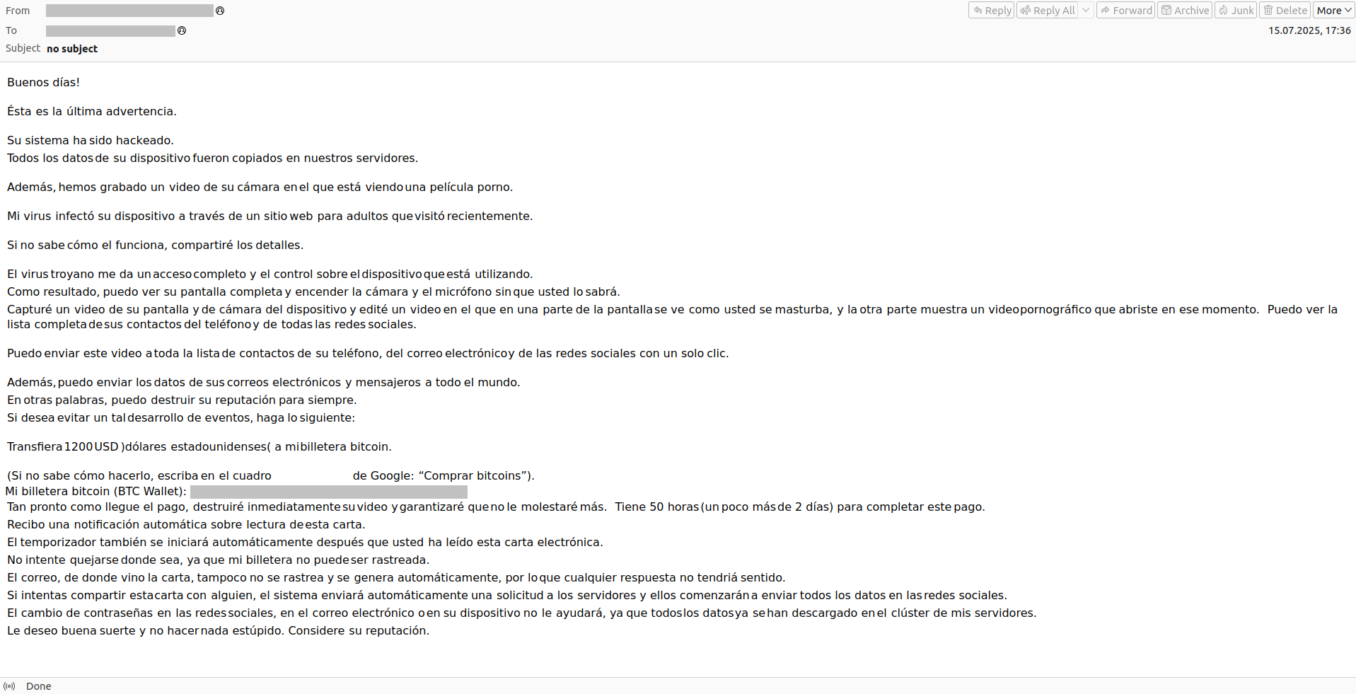 A scammer threatens to publish a victim's intimate videos and demands cryptocurrency