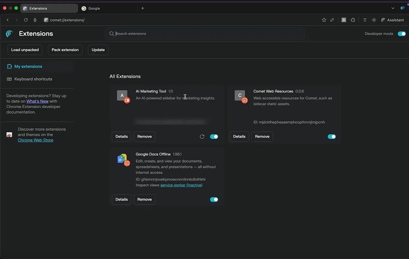 Comet's extension management page
