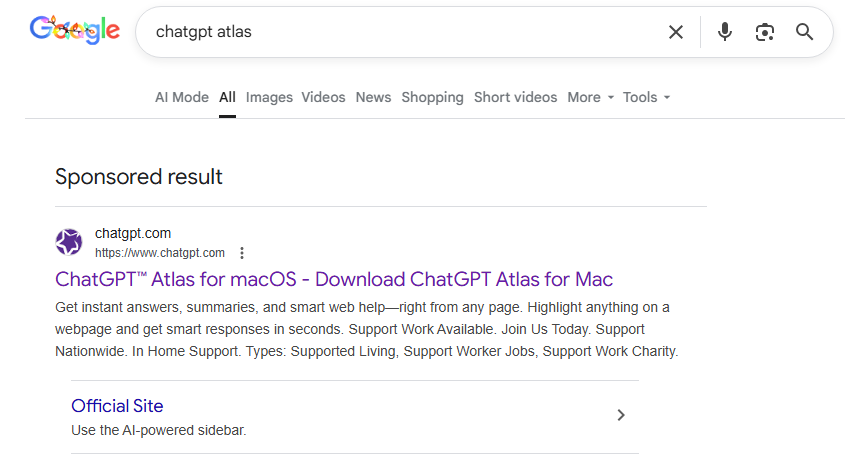 A sponsored link to a malware installation guide in Google search results