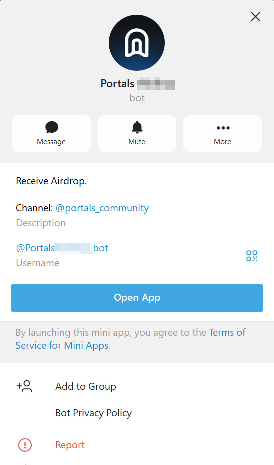 The scammers even listed the official Telegram channel for Portals in the phishing Mini App's profile