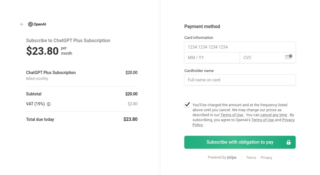 A fake ChatGPT checkout page