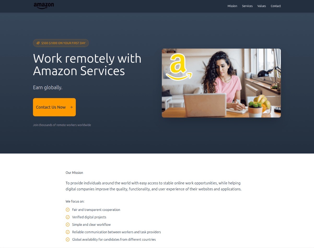 A phishing page offering remote work at Amazon