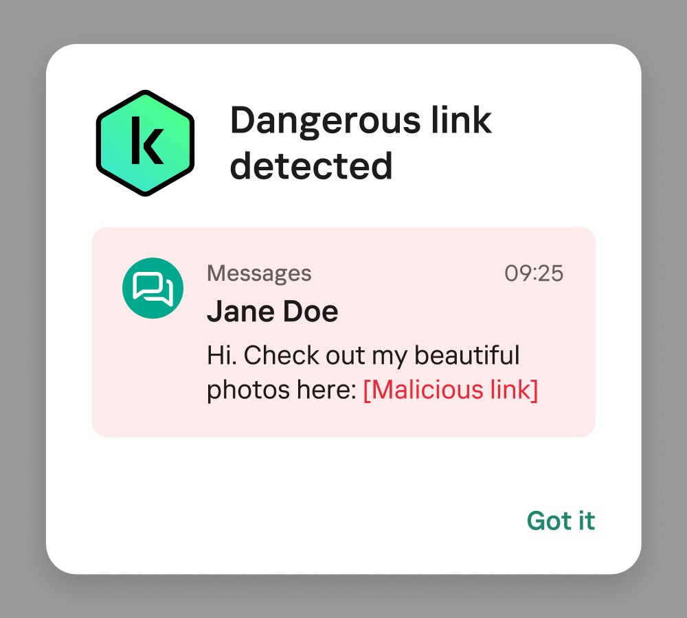 This is what a Kaspersky for Android notification looks like when it detects a malicious link
