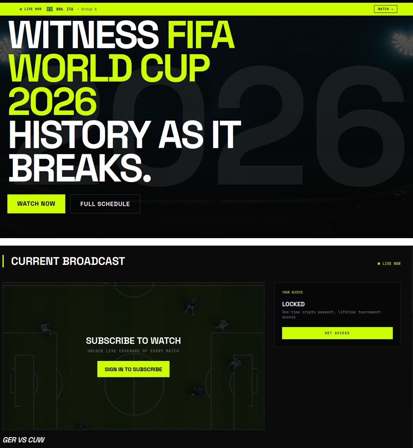 An example of a fake video streaming website requiring users to register and pay with cryptocurrency to watch all World Cup 2026 matches