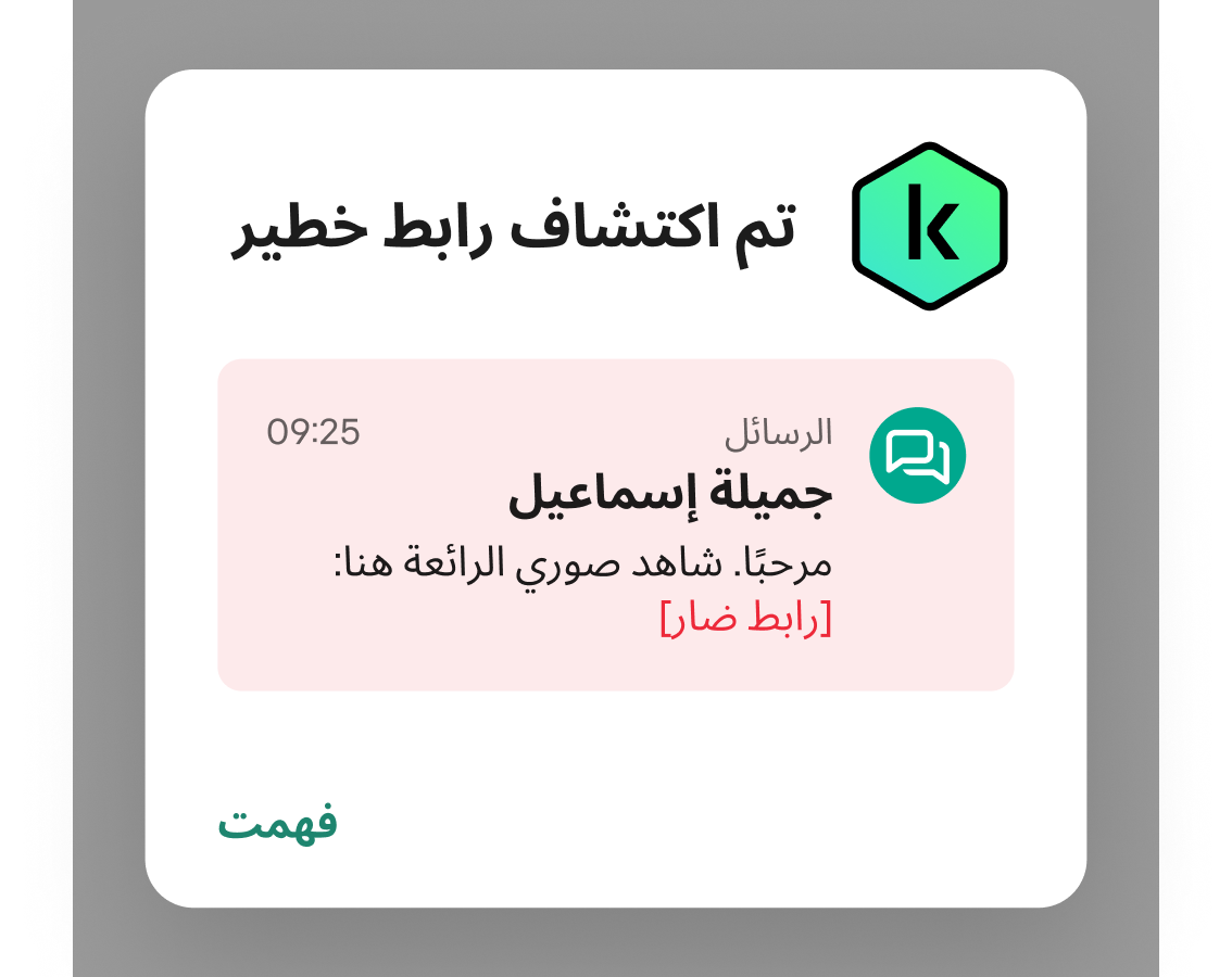 إليك الشكل الذي يبدو عليه إشعار Kaspersky for Android عند اكتشاف رابط خبيث