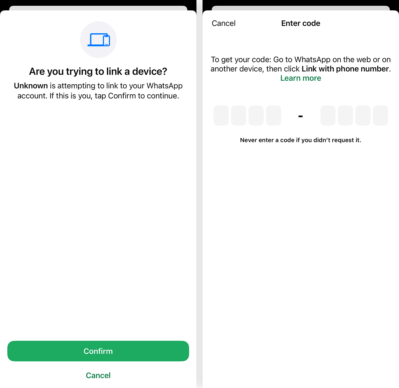 يُحذرك WhatsApp من أن شخصًا ما يحاول الارتباط بحسابك، لكن العديد من المستخدمين لا يقرأون التحذير ويُدخلون رمز التحقق على أي حال.