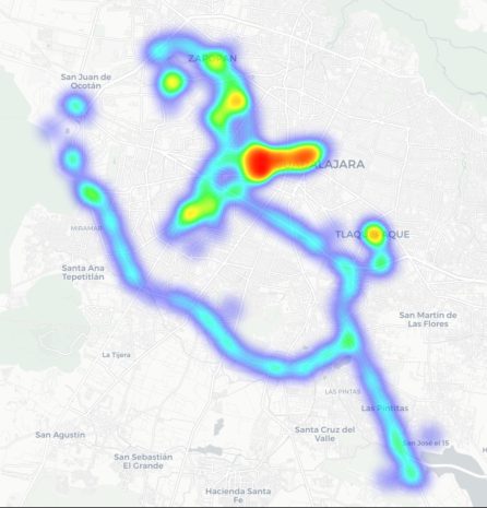 خريطة حرارية توضح مواقع جميع نقاط وصول Wi-Fi التي غطيناها في غوادالاخارا
