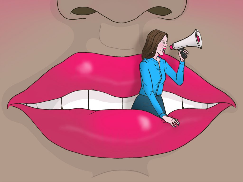 Person standing inside another person's mouth shouting through a megaphone