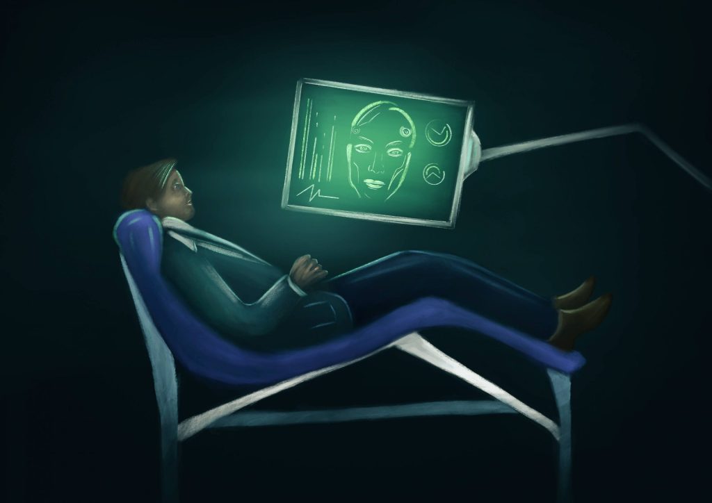 AI Psychiatrist, Client lies on a sofa, while an AI psychologist listens from a screen