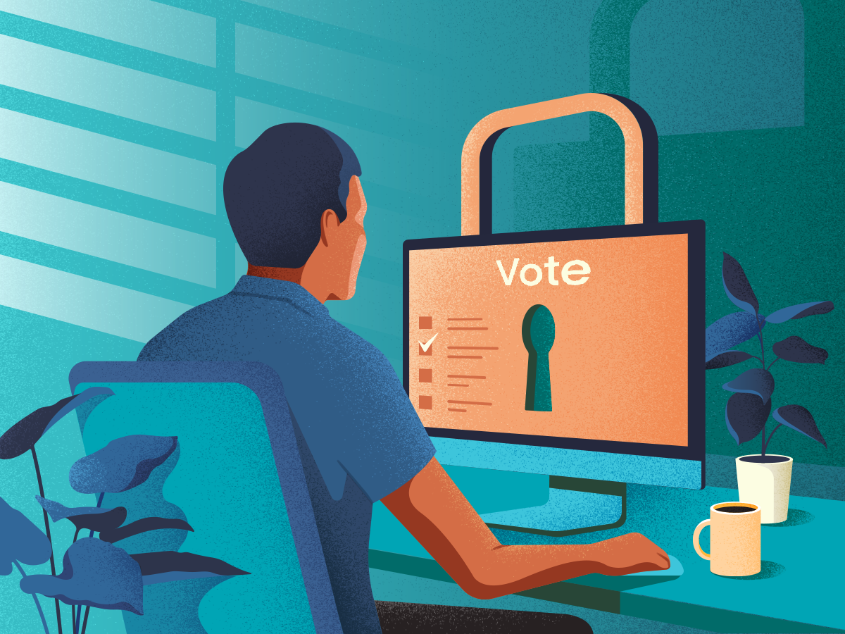 Person sits at a desktop computer ticking ballot boxes as if voting in an election, with a monitor shaped like a big padlock.