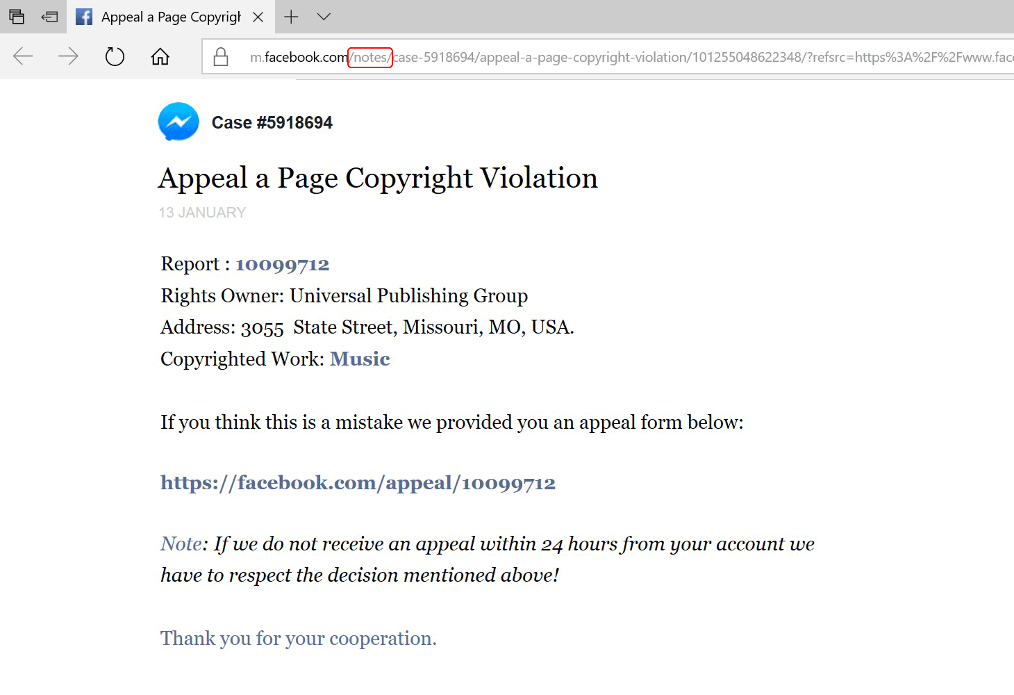 Business violations notification