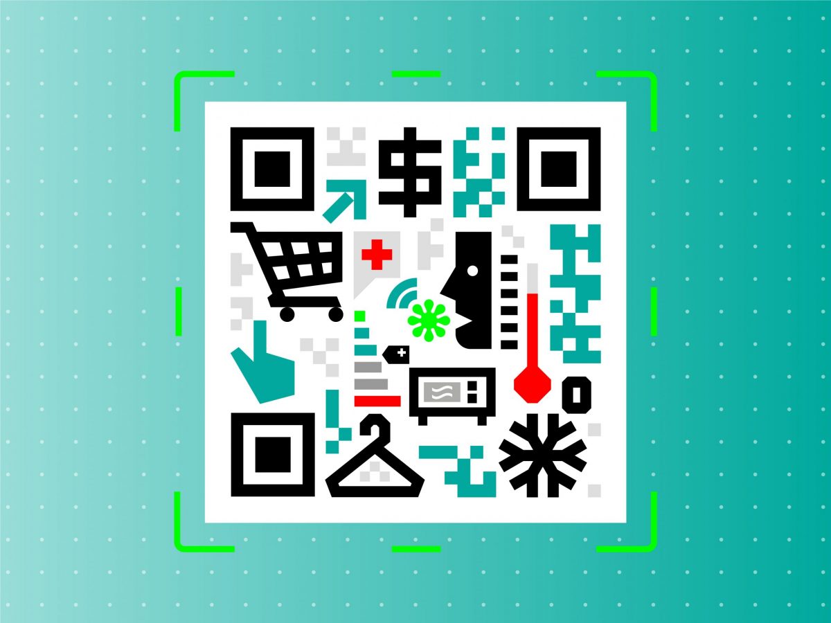 QR code containing many everyday items such as a coat hanger, microwave and shopping cart.