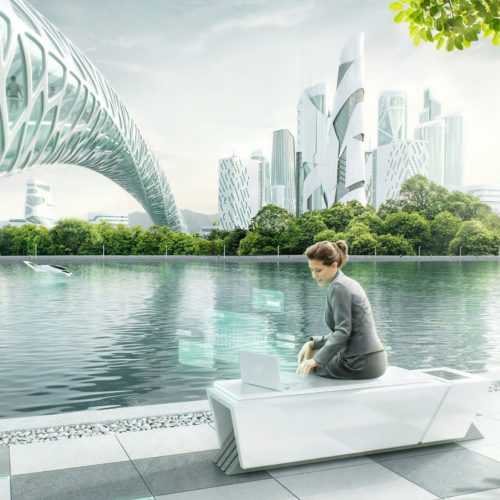 woman working on laptop in a futuristic city by a lake