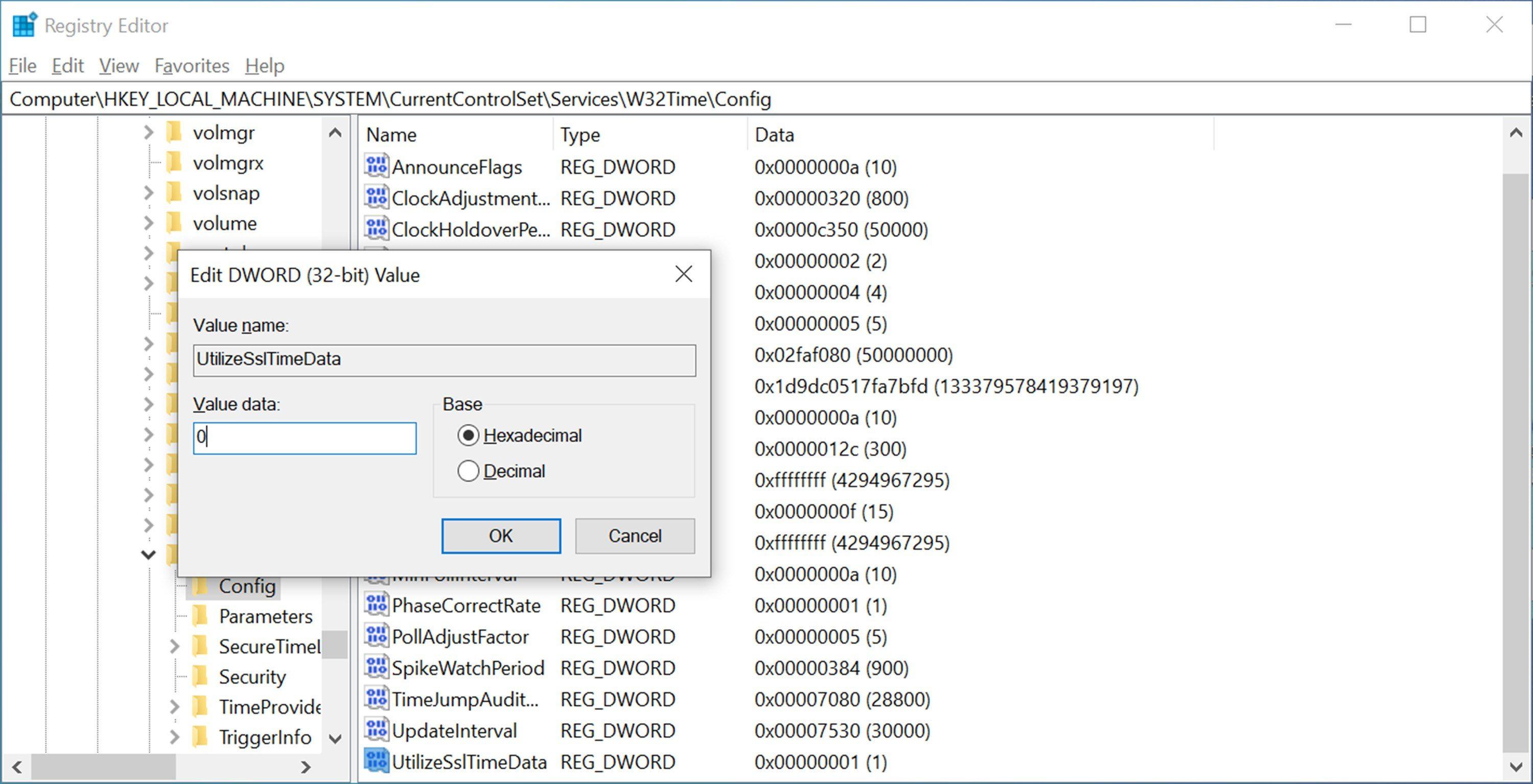 Disabling Secure Time Seeding in the Windows registry