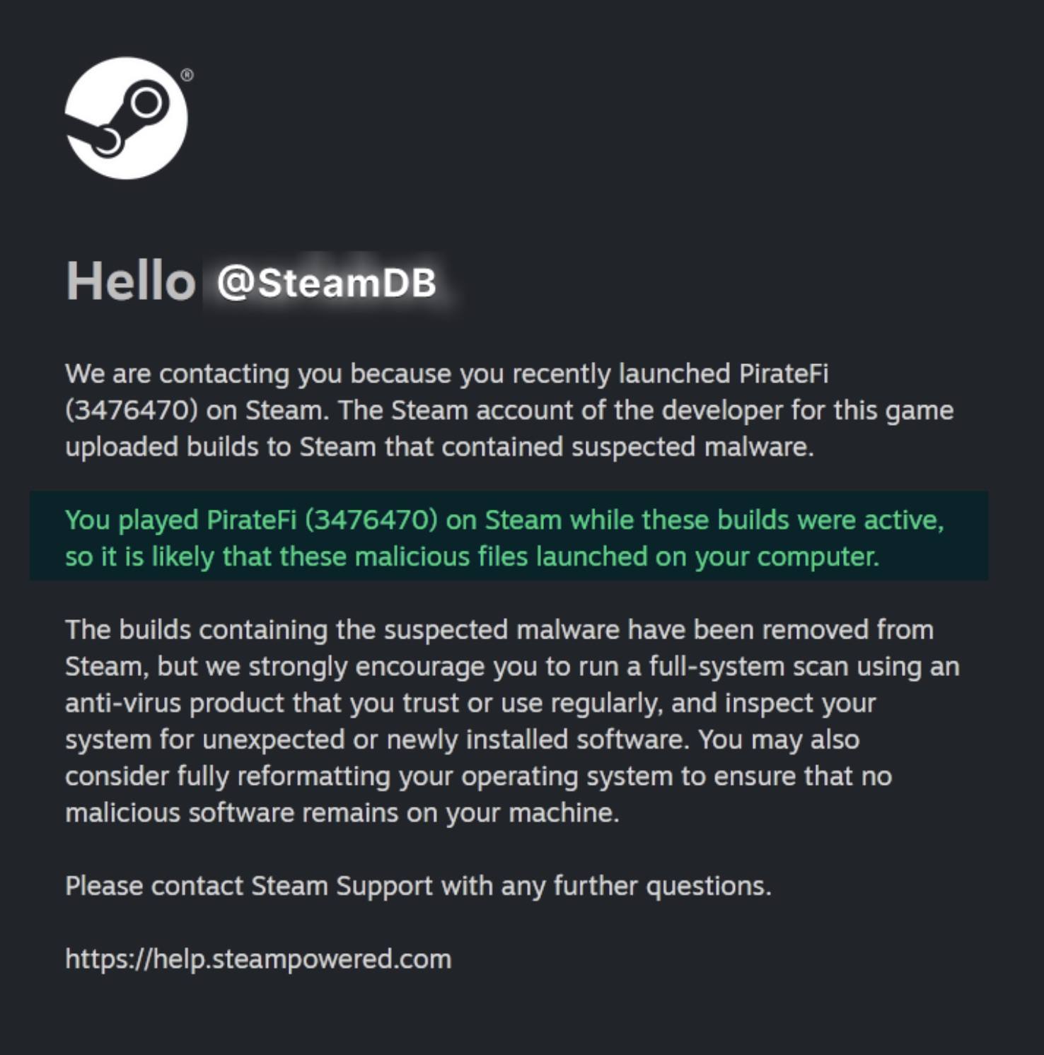 Steam warning players about PirateFi