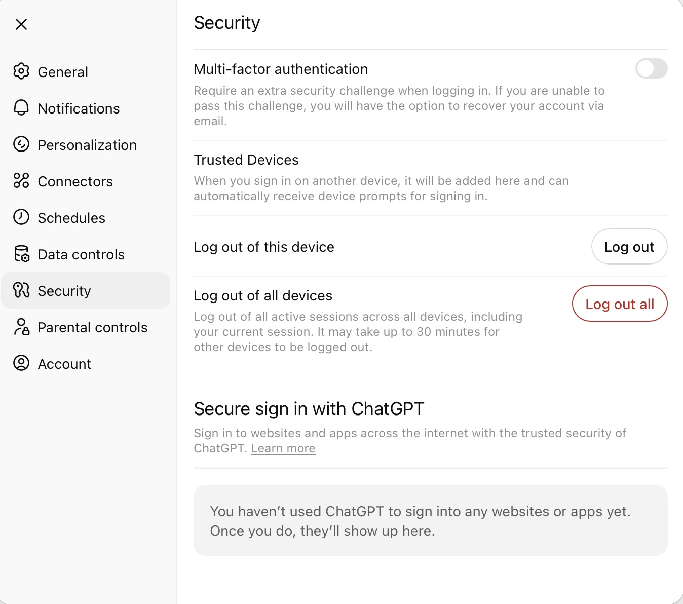 Security section in the ChatGPT settings