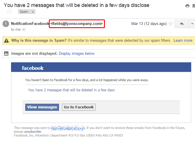 Facebook Phishing Email Example