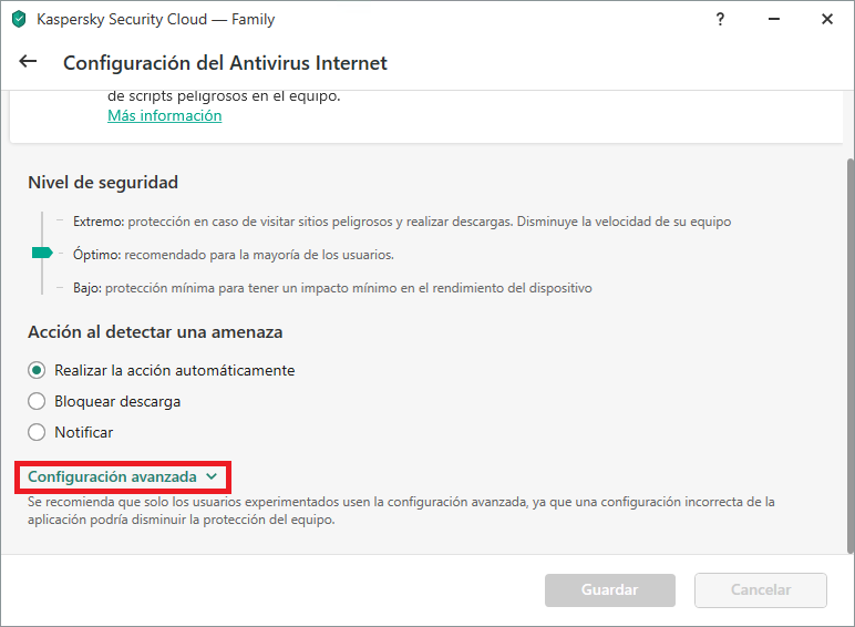 Ajustes de Antivirus Internet en Kaspersky Internet Security o Kaspersky Security Cloud