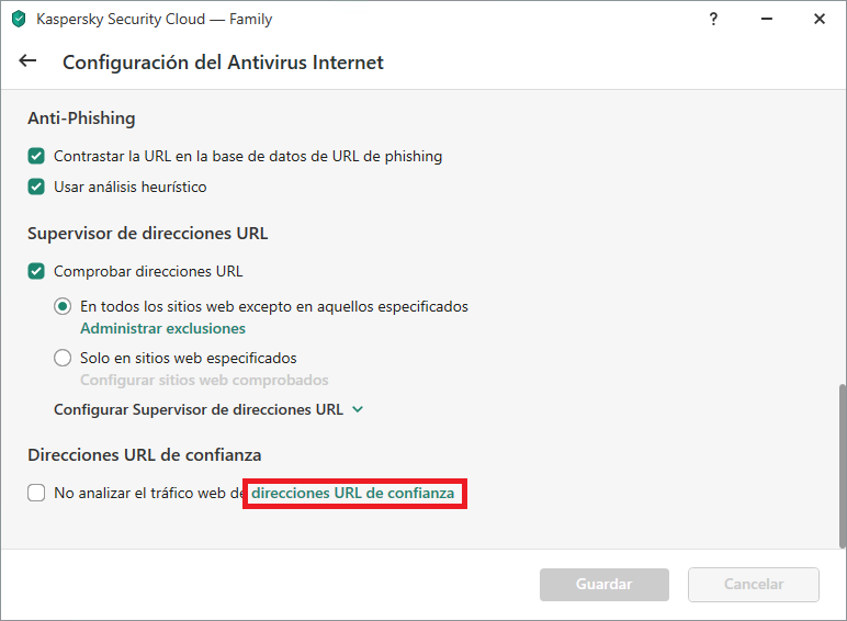 Lista de configuraciones avanzadas de Web Antivirus en Kaspersky Internet Security o Kaspersky Security Cloud