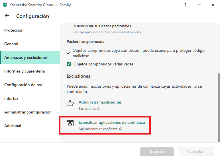 La configuración de Aplicaciones de confianza en Kaspersky Internet Security, Kaspersky Total Security y Kaspersky Security Cloud