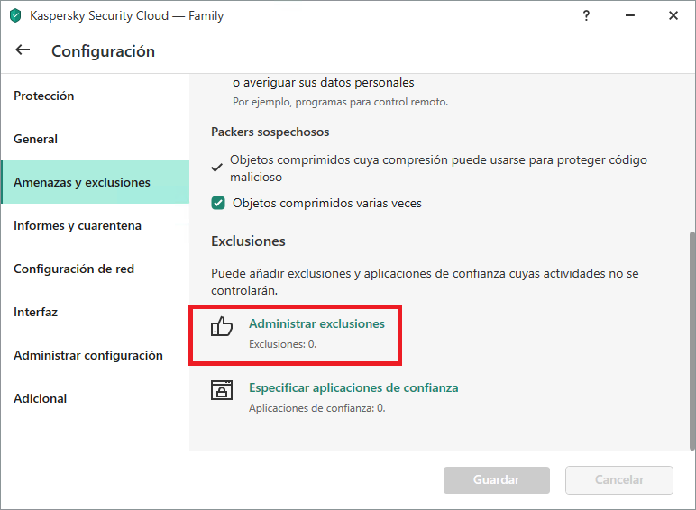 La configuración de exclusión en Kaspersky Internet Security, Kaspersky Total Security y Kaspersky Security Cloud