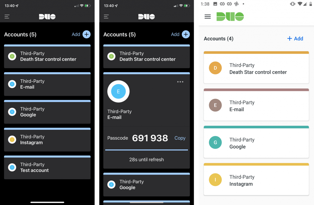 La versión de Android de Cisco Duo Mobile tiene la función "Permitir temporalmente la captura de pantalla", así que aquí hay unas capturas de ambas versiones