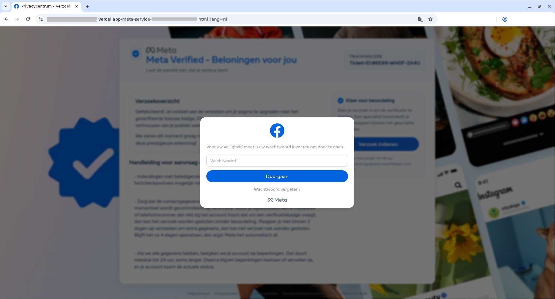 Oferta de un sitio falso de Facebook para obtener una insignia de Meta Verified