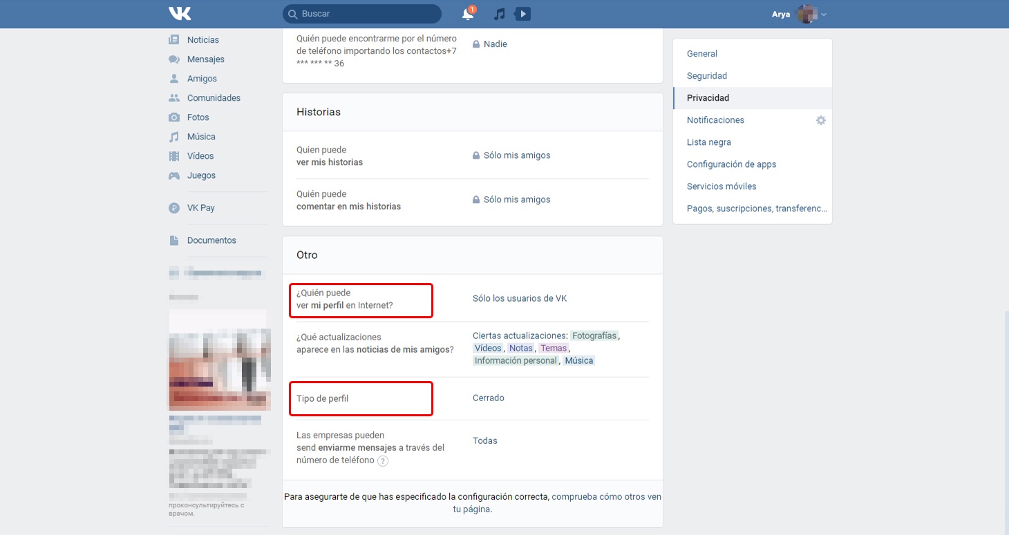 Configura la privacidad de tu cuenta en VK.com