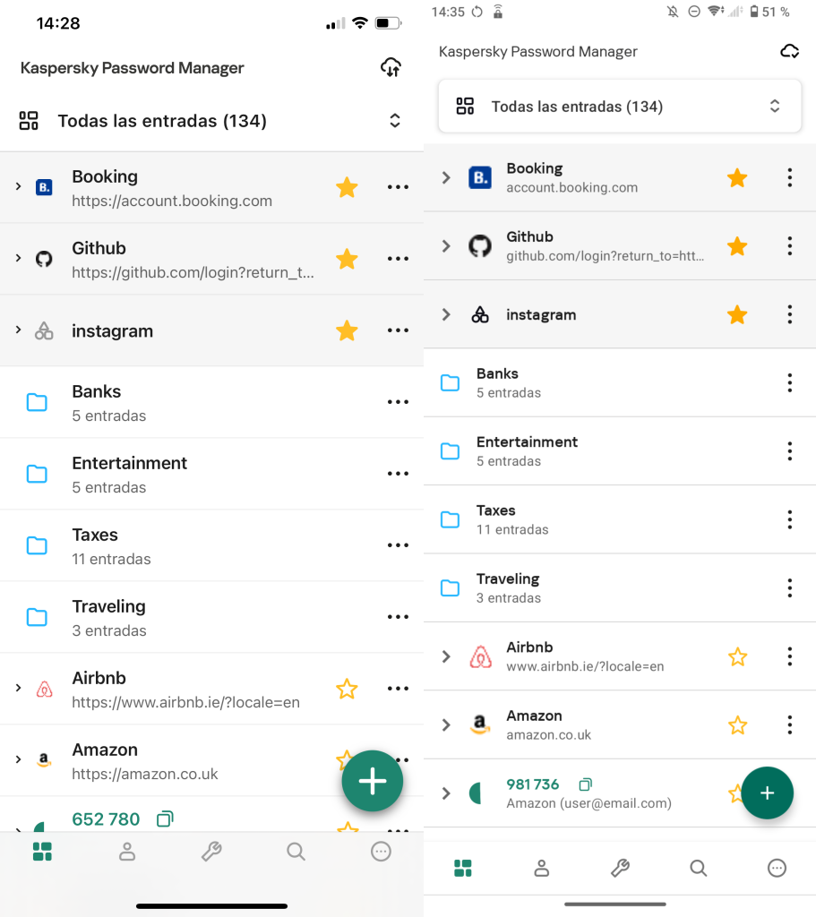 Pantalla de inicio actualizada de Kaspersky Password Manager for iOS (izquierda) y Android (derecha) 