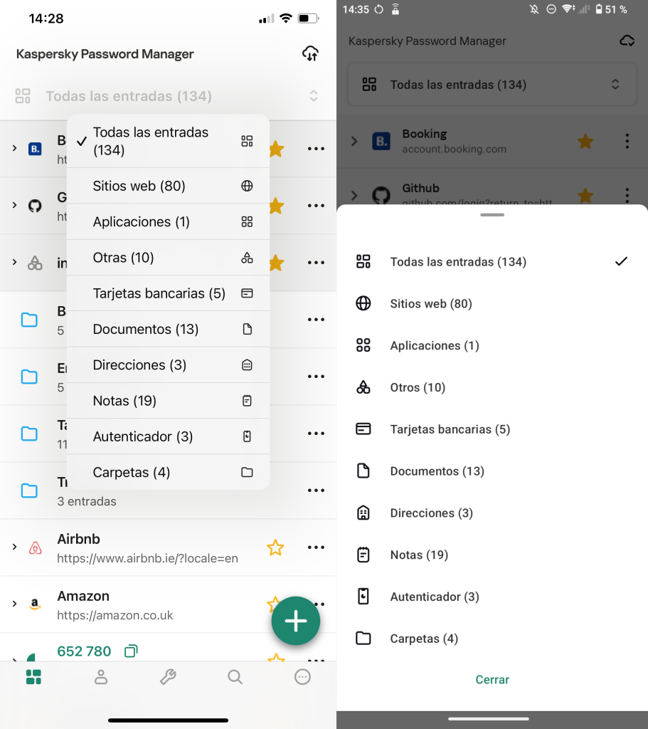 Visualización de las nuevas categorías de entrada en Kaspersky Password Manager for iOS (izquierda) y Android (derecha)