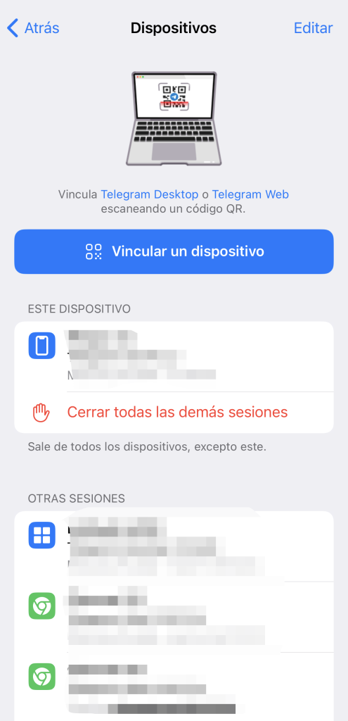 Cómo cerrar sesiones en Telegram