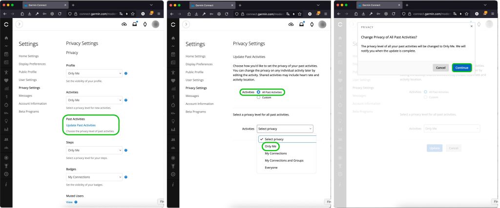 Solo puedes cambiar la configuración de privacidad de tus actividades guardadas anteriormente en la versión web de Garmin Connect.